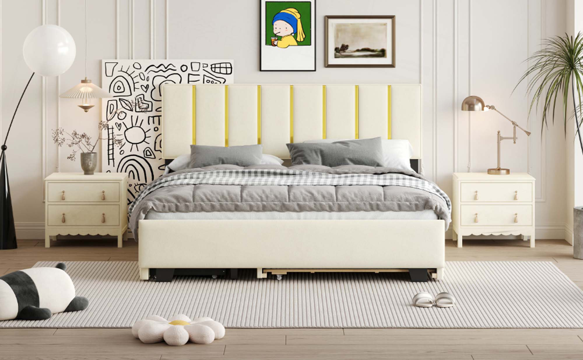 Ebern Designs Queen Size Upholstered Platform Bed With 2 Drawers And 1 ...