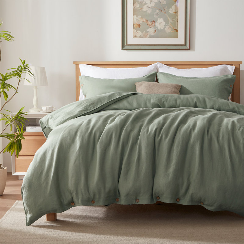TOSMO 100% Linen Duvet Cover Set with Button Closure,Soft Breathable Durable Farmhouse Bedding, Light Green