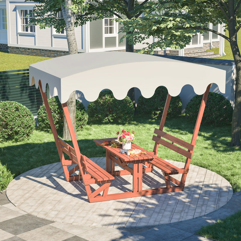 Outdoor Solid Wood Picnic Table And Bench Set With Removable Canopy - Suitable For All-Weather Patios, Gardens, Decks, Parks, Beaches