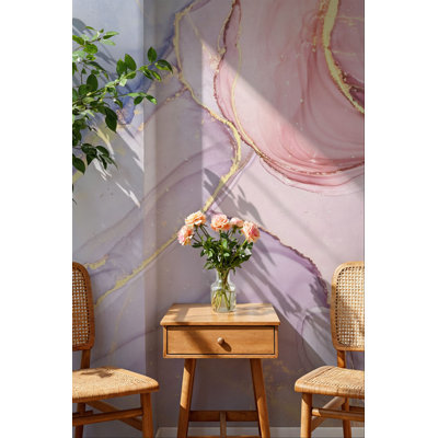 Papier peint mural effet marbre rose et violet | Encre à alcool fluide avec veines dorées | Intissé ou adhésif