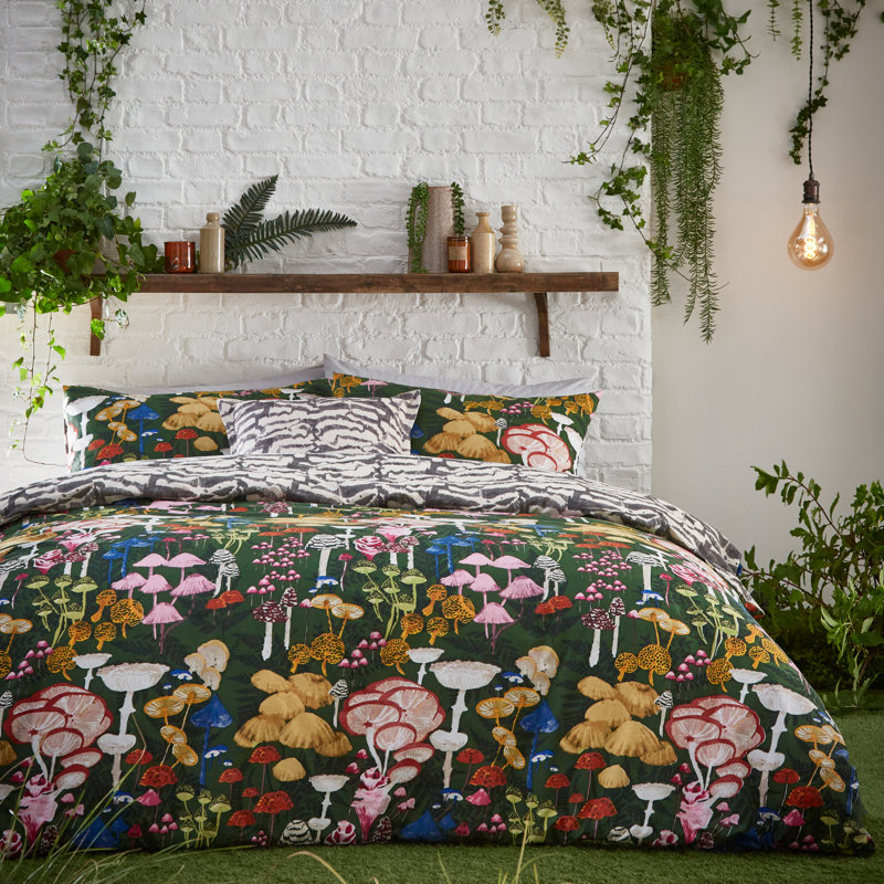 Amanita Cotton Blend Abstract Duvet Cover Set with Pillowcases Included, Forest Green, Double - 2 Standard Pillowcases