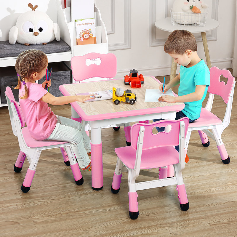 Ensemble de table et 4 chaises pour enfants à hauteur réglable - Bureau multi-activités résistant aux graffiti, pieds antidérapants - Bureau d'étude et d'activité pour les enfants de 2 à 10 ans - Maison, garderie, salle d'étude - Rose