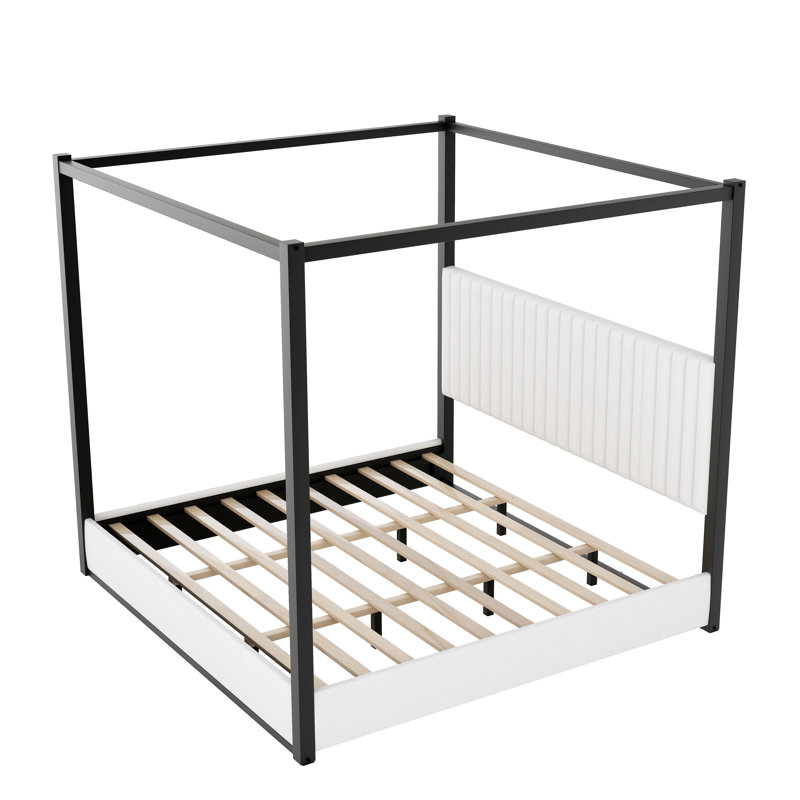 King Size Upholstered Canopy Platform Bed with Velvet Headboard, Solid Wood & Metal Frame, Modern 4-Poster Bed, White