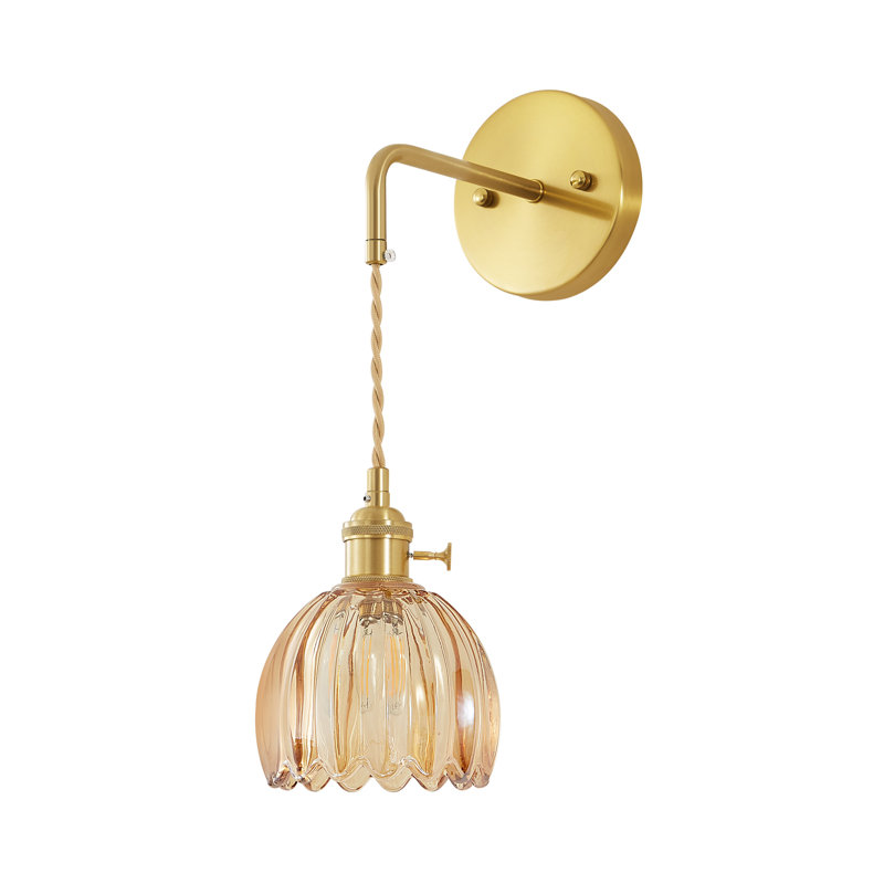  Heroux Vintage Floral Glass Armed Wall Sconce With Tulip Glass Shade And Adjustable Length Rope, Orange/Gold