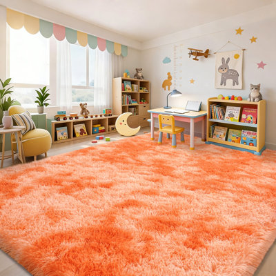 9x12 ft Fluffy Rug for Living Room, Soft Tie-Dyed Orange Area Rug, Non-Slip Carpet for Bedroom Home Decor