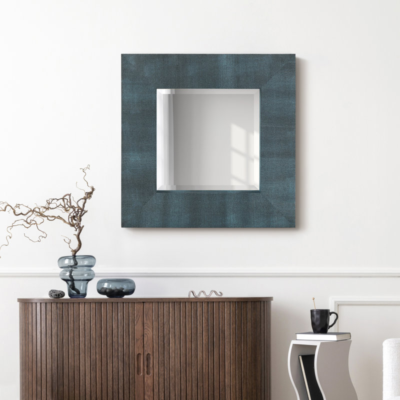 Miroir d'appoint biseauté en cuir chagrin métallique, Noir / Bleu