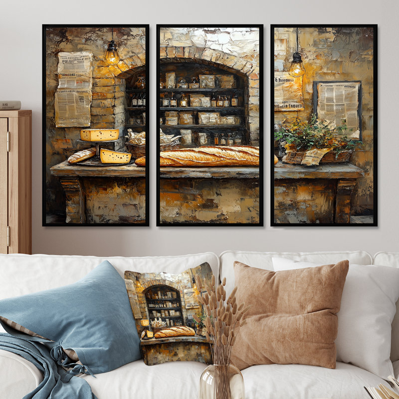 French Cafe Baguette Et Fromage II, Toile avec cadre flottant noir, H 28 po x l 36 po x P 1 po