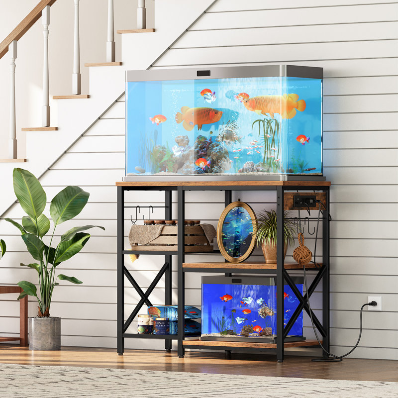 Black and Brown Metal Aquarium Stand with LED Light and Power Outlets