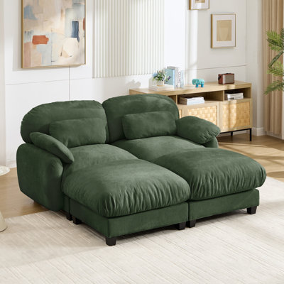 2 Seater Cloud Feel Sofa with Removable Ottoman, Cozy Chenille Modular Couch Set, Deep Seat Free Combination Furniture for Small Living Room, Green