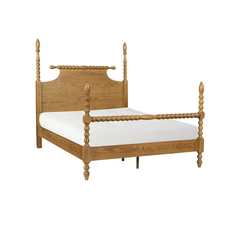 Queen Bed With Wood Finish And Turned Post Design Solid Construction Mattress Compatibility