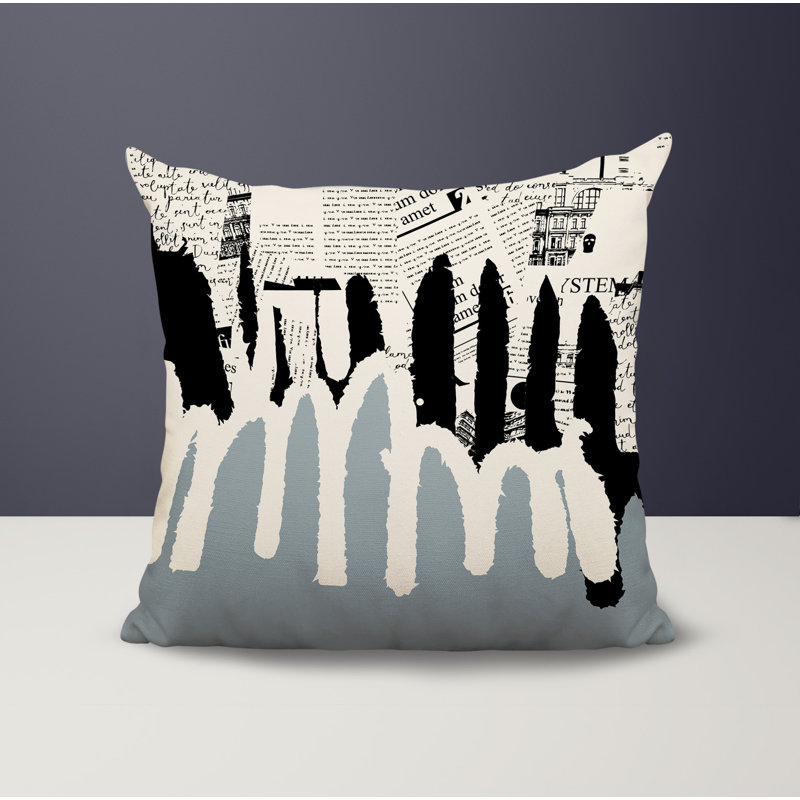 Oreiller carré réversible intérieur / extérieur Kisha, H 15 po x l 15 po, Gris / noir / blanc cassé abstrait