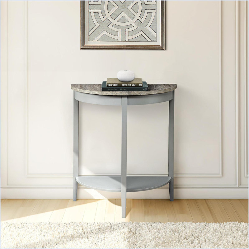 Chêne naturel Table basse grise en demi-lune avec rangement polyvalent Pieds en pin robustes, 28 po H x 26 po L x 13 po l