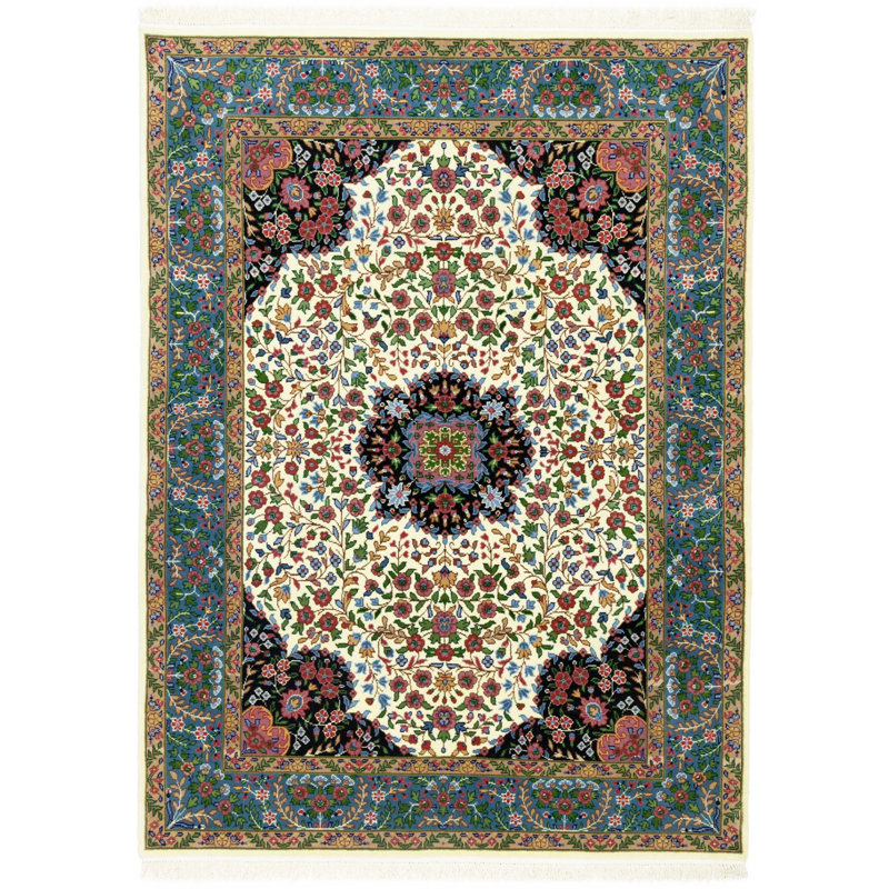 Tapis floral bleu / noir / jaune en laine noué à la main 6 pi 7 po x 9 pi 1 po Poppy-Grace