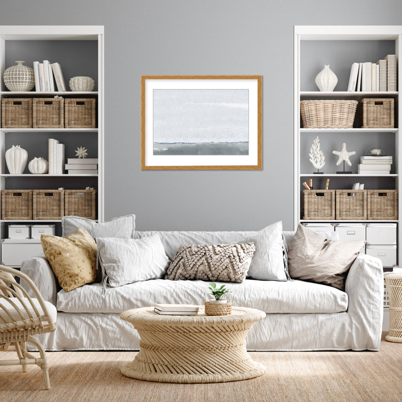 Coastal Retreat Silver Seas: Abstract Oceanscape, 16" H x 24" W x 1.125" D, Framed Matted Print, Gold