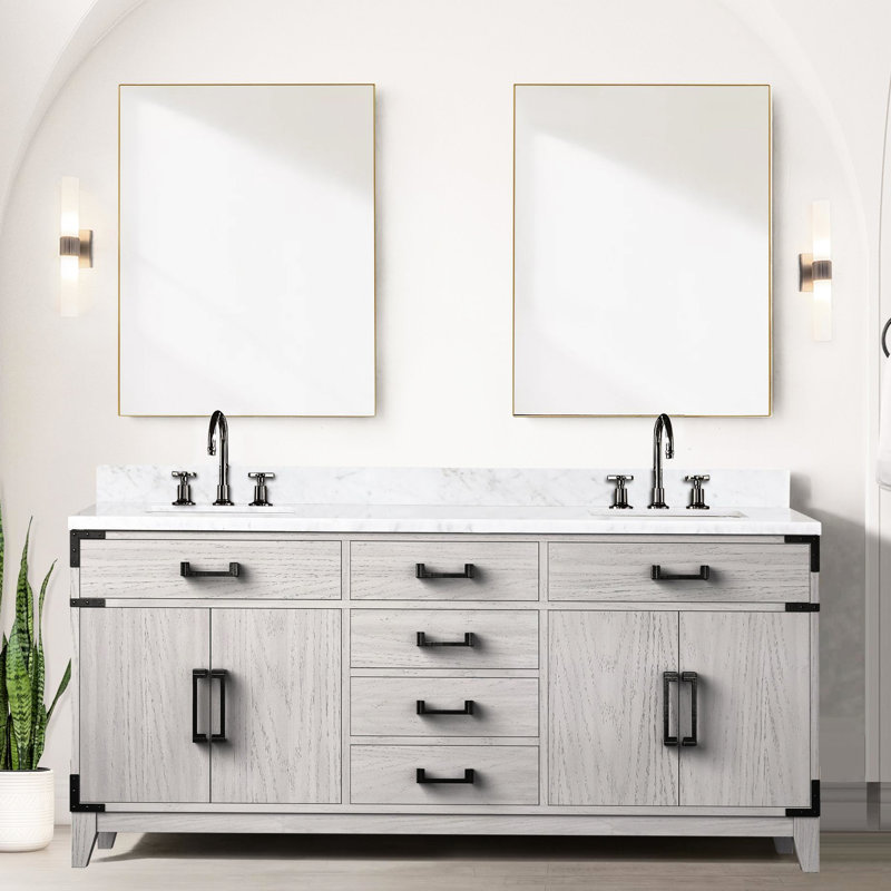 72 po de largeur, meuble-lavabo double en chêne blanc, fonction de fermeture en douceur, tiroirs, armoires, compartiments de rangement intérieurs, entièrement assemblé, bois massif, panneaux, profondeur de 22 po, convient au comptoir
