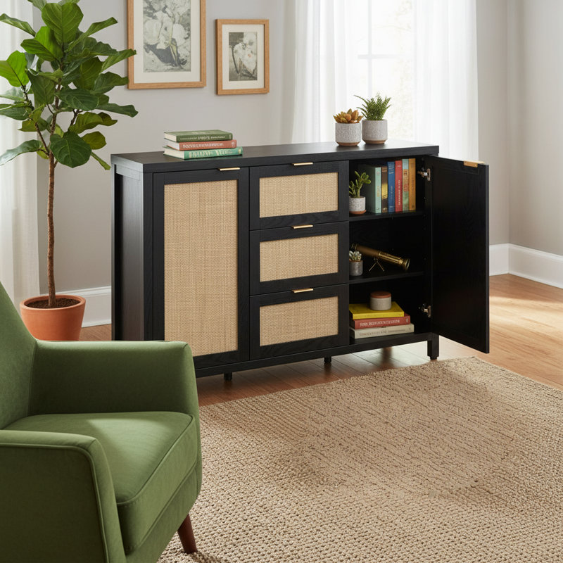 Large Black Oak Rattan Sideboard With 3 Drawers And 2 Doors; Spacious Interior; Bohemian + Farmhouse Style; Multi-Functional Storage Cabinet For Living Room And Kitchen.