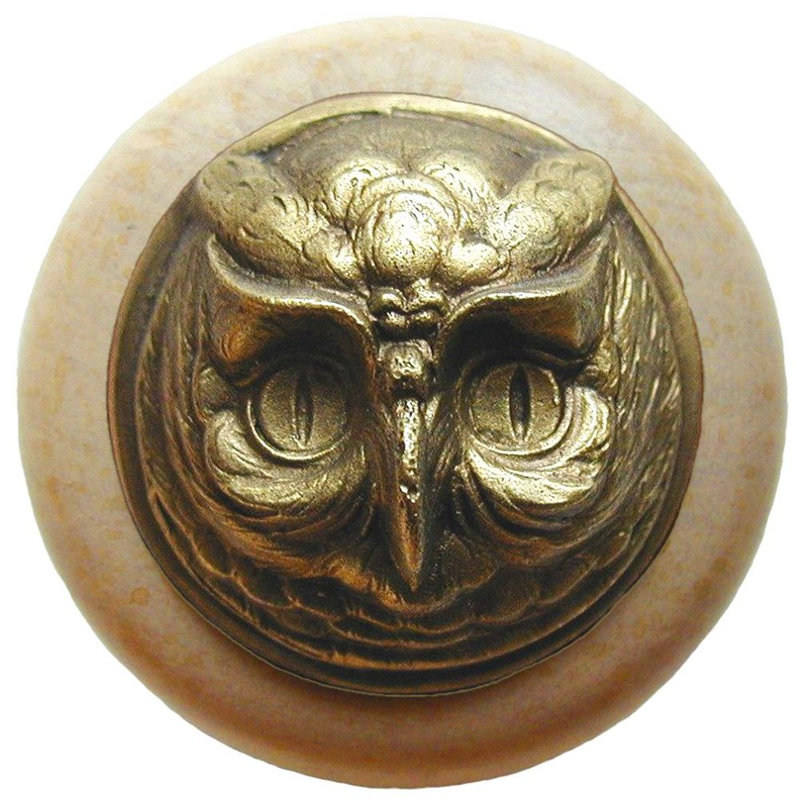 Antique Brass and Natural Wood Owl Cabinet Knob