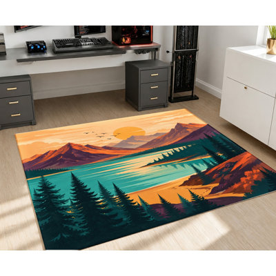 Tapis lavable à la machine avec envers antidérapant Artistic Mountain Lake Landscape, tapis de sol à imprimé coucher de soleil, décoration intérieure douillette pour le salon, la chambre à coucher, le bureau, le balcon, l’appartement
