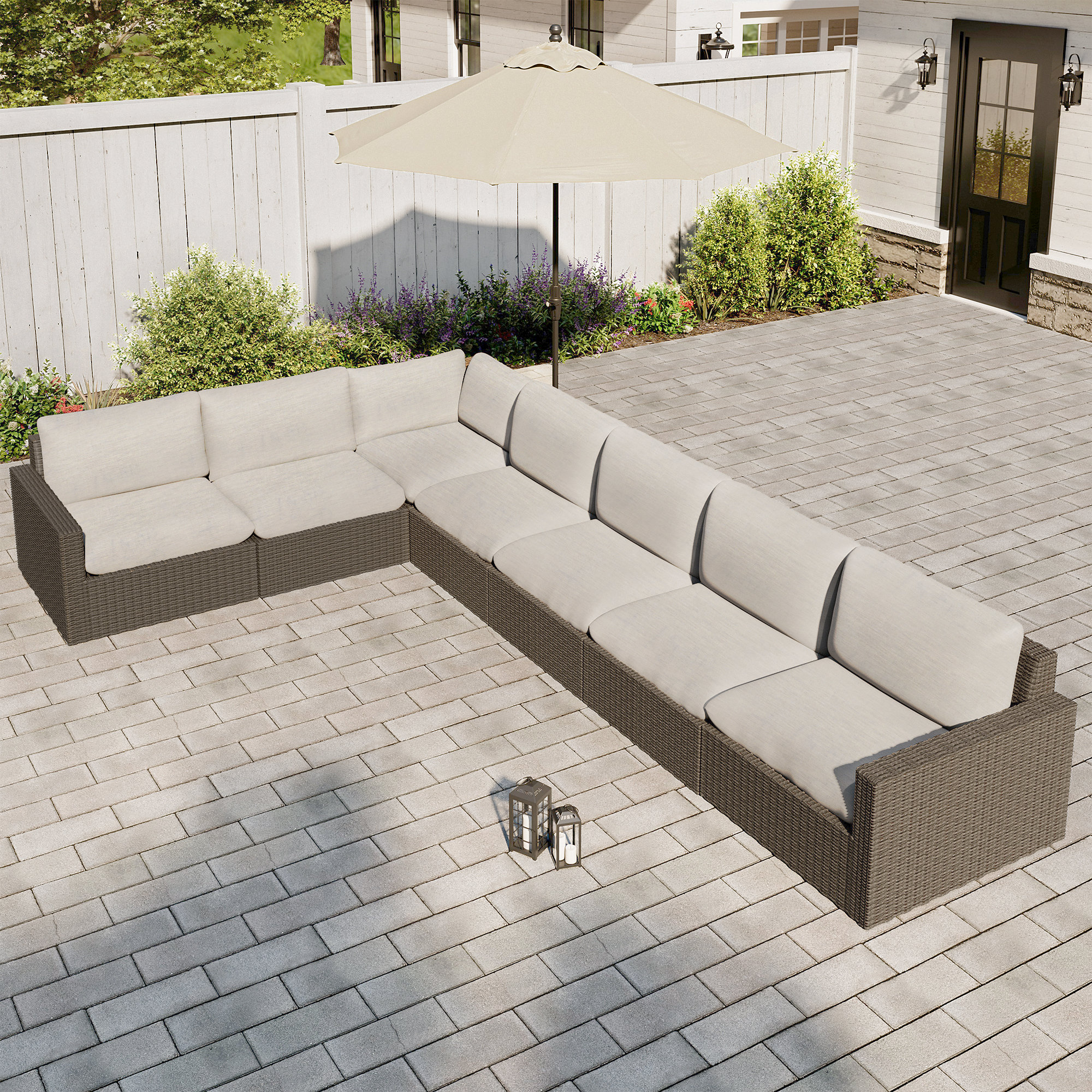 Pippa Wicker Outdoor Conversation Set, 7Pcs:Corner Sofa, 4 Armless Sofas, 2 Armchairs