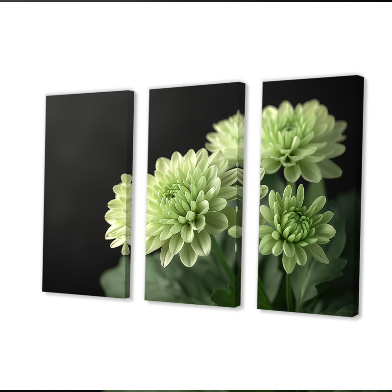 «Green Monochrom Mums Flowers Bouquet II», ensemble de reproductions d'art mural, H 32 po x l 48 po x P 1 po