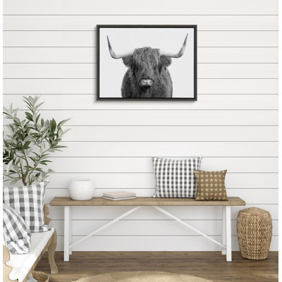 B&W Highland Cow No. 1 Portrait by Amy Peterson Framed Canvas Wall Art Print