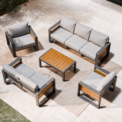 5-Piece Outdoor Patio Furniture Set With Cushions And Wood Accents – Modern Aluminum Frame by 17 Stories