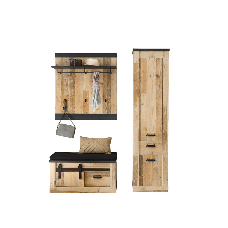 Jackeline 164 cm W Hallway Set with Storage Bench and Shoe Storage, Natural/Black