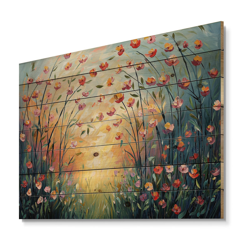 Sunset Wildflowers Blossoms In The Wild II - Wildflowers Wood Wall Decor - On Natural Pine Wood, 34" H x 44" W x 0.78" D