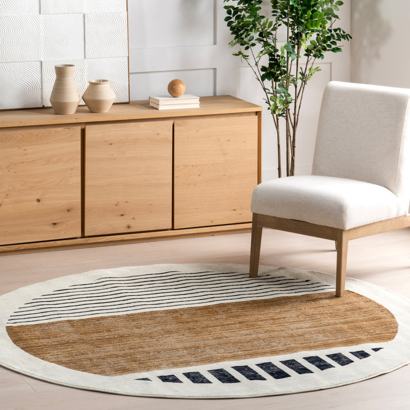 Keeva Modern Striped Fringe Area Rug, Round 6' 4", Beige/Brown