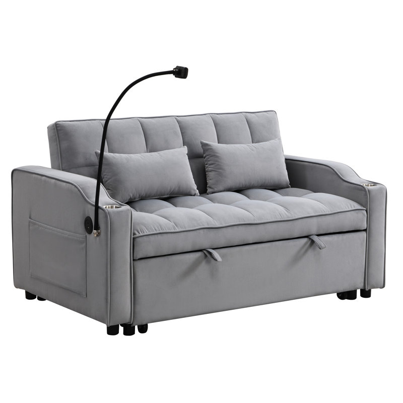 Gray Velvet Love Seat That Easily Converts To Bed, With Adjustable , Charging, And Pockets, For Small Rooms Convertible 3 - Level Recline, Soft Pillows, Spaces