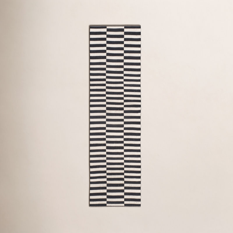 Tapis rayé ivoire / noir en coton tissé à plat Ilona, Tapis de couloir 2 pi 3 po x 11 pi
