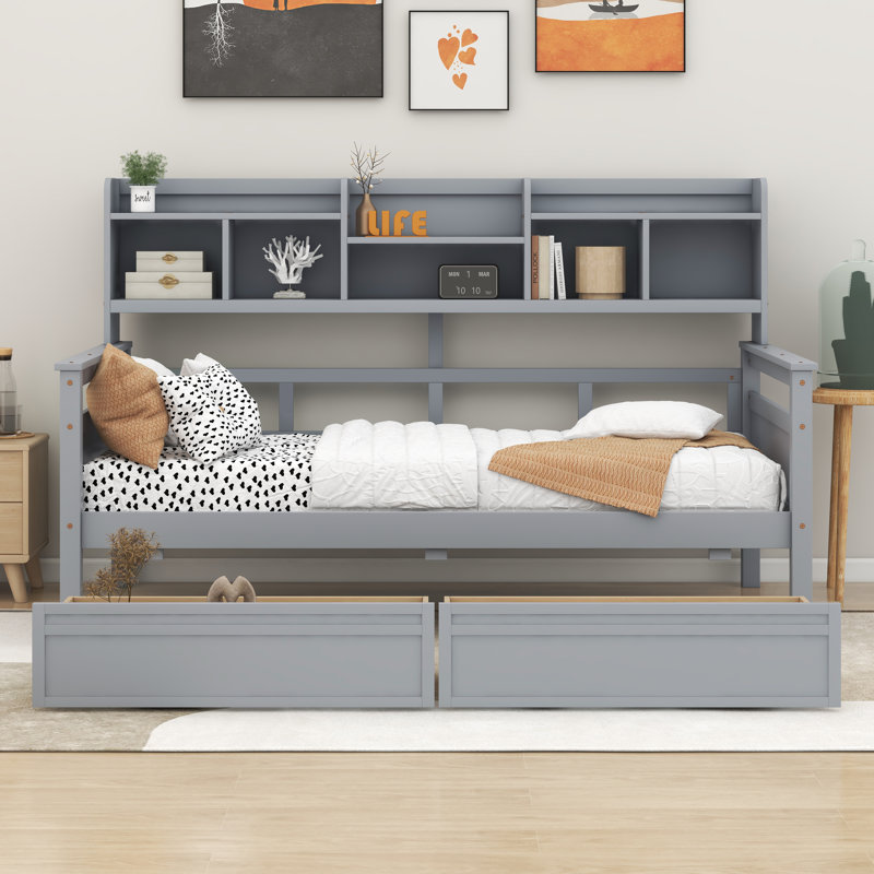 Lit en bois avec tablette de chevet et deux tiroirs Jalita, Simple, gris
