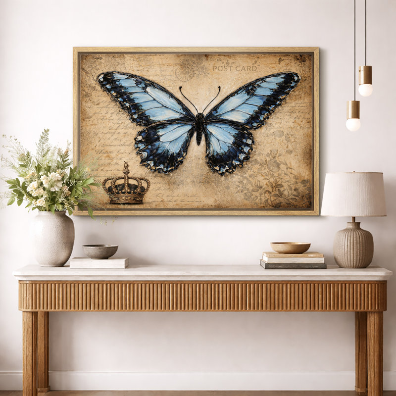 Art de papillon bleu, images de couronne rétro, impression sur toile encadrée, Cadre naturel, H 16 po x l 24 po x P 1,5 po