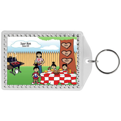 Personalized Name That Toon Family Backyard Barbeque Single Mom 1 boy 2 girls Rhinestone Bordered Key Chain