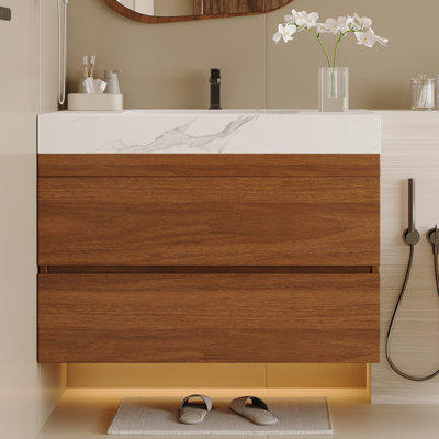 Meuble-lavabo flottant moderne 29,9 po avec comptoir en faux marbre et lavabo encastré en céramique, fixation murale pour petites salles de bain et appartements