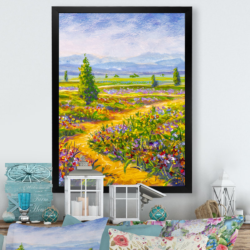 Chemin vers un champ floral coloré - Peinture, Toile avec cadre photo noir, H 20 po x l 12 po x P 1 po
