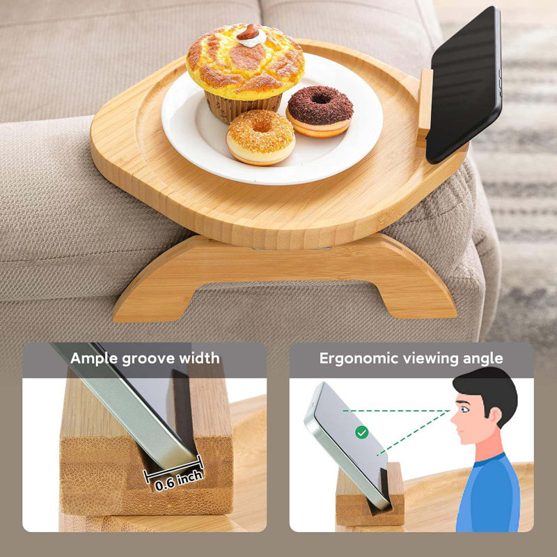 Couch Armrest Table, Bamboo Clip On Couch Arm Table With 360°Phone Holder,Foldable Sofa Arm Tray For Eating And Drinking, TV Tray