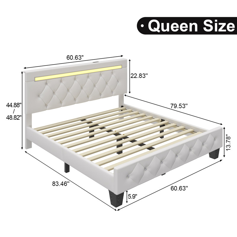 Diamond Button Design Bed Frame with Height-Adjustable Headboard, Charging Station, RGB LED Lights, Easy to Assemble, White