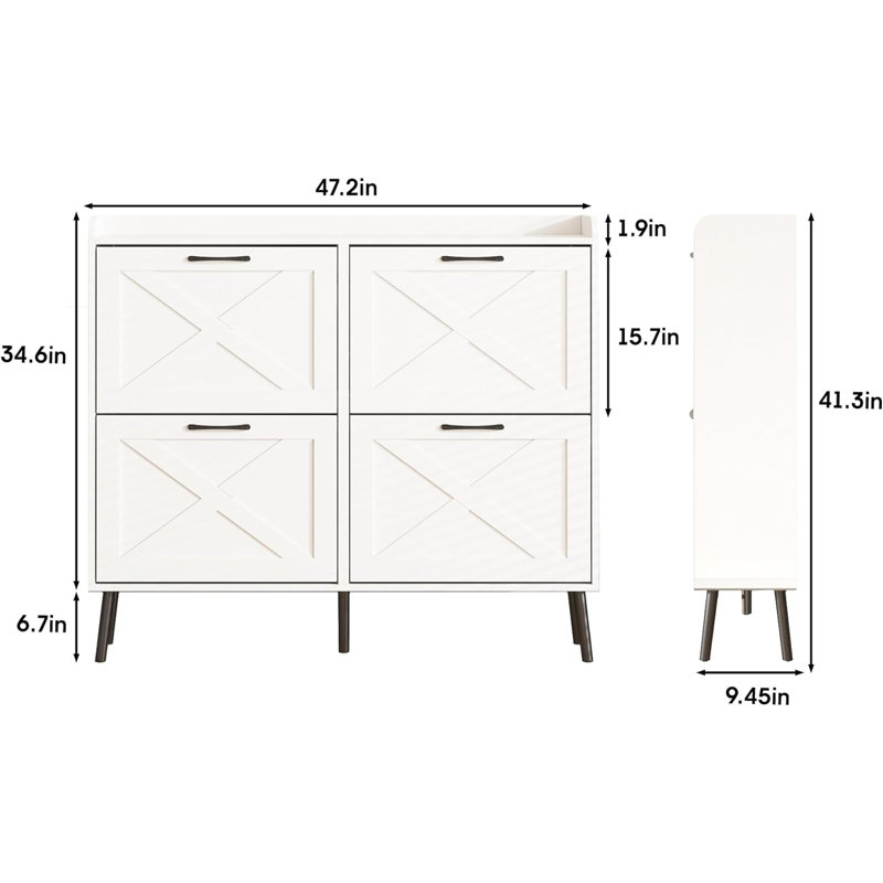 Space-Saving Freestanding Shoe Storage Cabinet with 4 Flip-Door Compartments and Multi-Functional Design, White