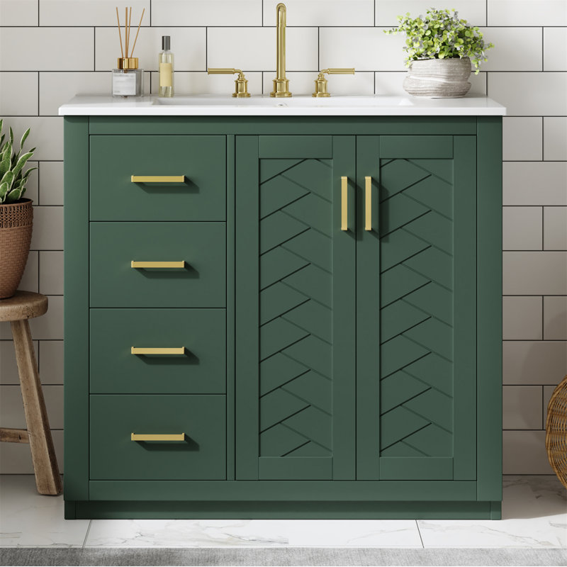 Meuble-lavabo simple autoportant 36 po avec comptoir en céramique, portes et tiroirs à fermeture en douceur, Vert, Doré