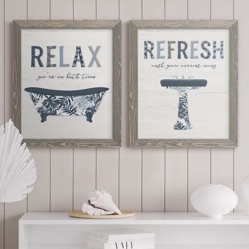 Palm Bath I - Ensemble de 2 encadrements d'art textuel sur toile, Toile avec cadre gris, H 24 po x l 36 po x P 1,5 po