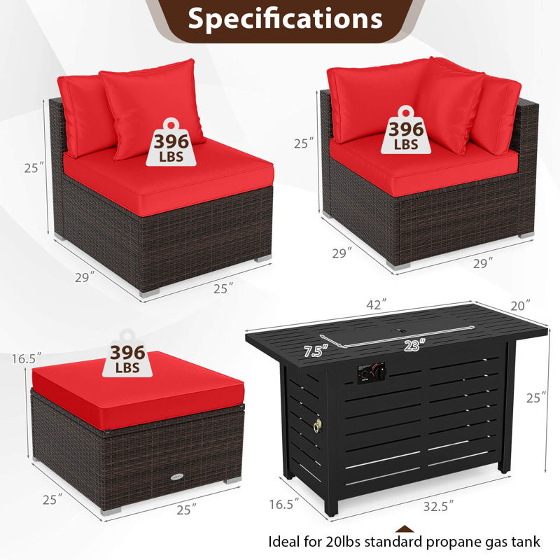 Ensemble de 5 meubles d'extérieur avec cadre et table de foyer 60 000 BTU, Rouge