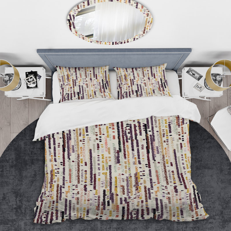 Motif de rayures crème et mauve - Ensemble de housse de couette abstrait - Microfibre de polyester
