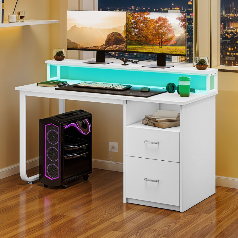 Bureau d'ordinateur 47 po avec tiroirs, station de charge et lumière DEL 47 po