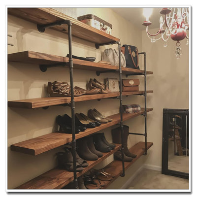 3-Set 4-Tier Industrial Iron Pipe Shelves - 41.5"Tall×12"Depth Wall Mounted Shelving, Rustic Farmhouse Storage For Kitchen/Pantry/Bookcase (Black Brackets)