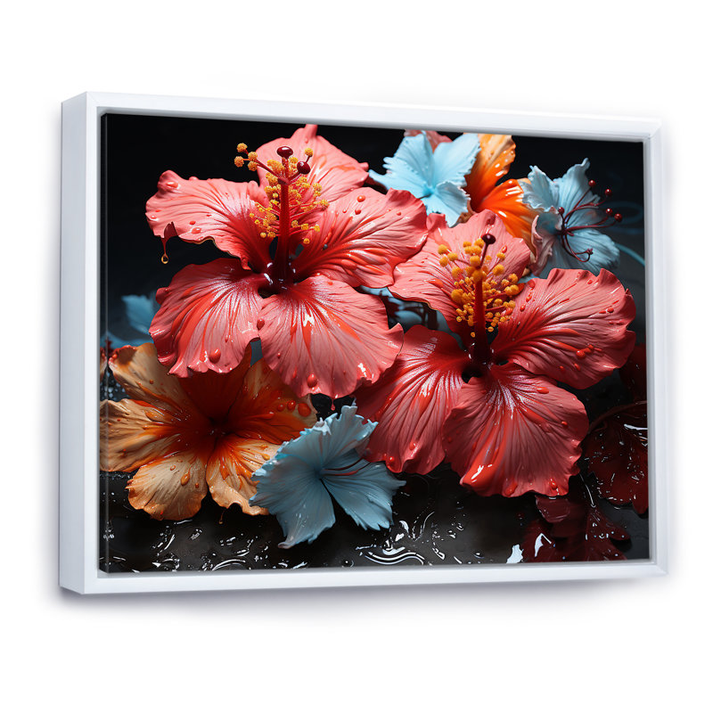 Hibiscus en fleurs sur verre, H 34 po x l 44 po x P 1,5 po, Cadre flottant blanc