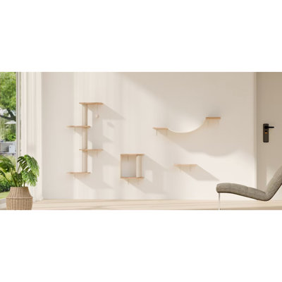 Meuble pour chat moderne 4 pièces avec tablettes murales, pont, marches et arbre en corde, panneau de particules doux, conception verticale peu encombrante, bricolage réglable facile à installer en structure d'escalade, installation