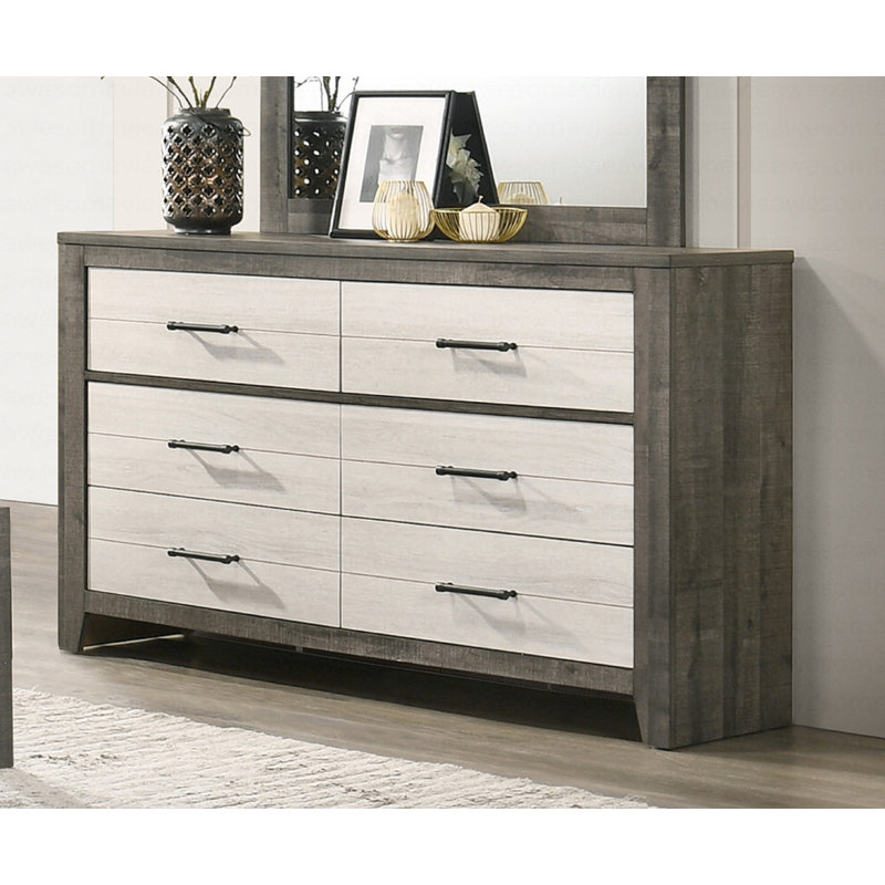 Commode 1 pièce commode à deux tons avec rangement à six tiroirs et poignée de tiroir en métal gris beige