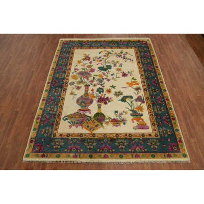 Tapis indien à motif floral art déco 8 x 10