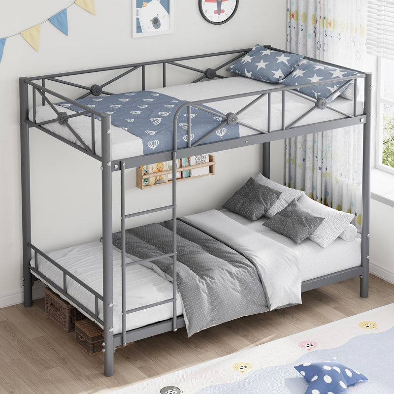 Twin-Over-Twin Metal Bunk Bed with Safety Guardrails, Heavy-Duty Steel Frame, Industrial Space-Saving Design, Gray